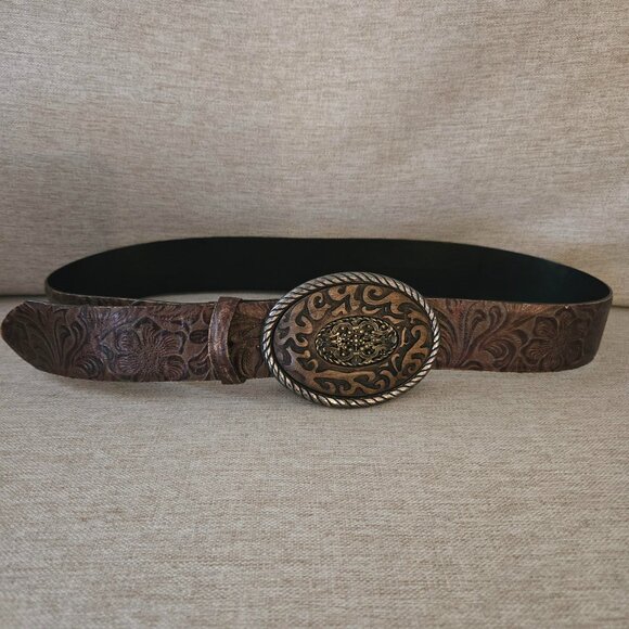 Vintage Sandy Duftler Belt Size Small Made In USA Genuine Leather Brown Floral - Picture 2 of 7
